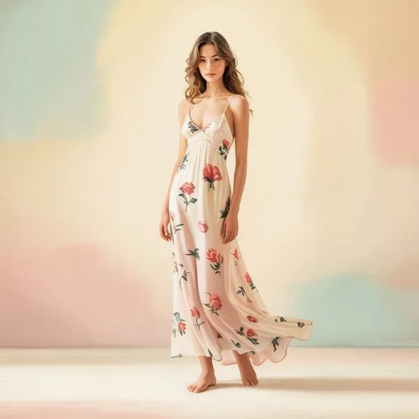 Flowy pink floral slip dress with spaghetti straps – romantic spring floral dress style.