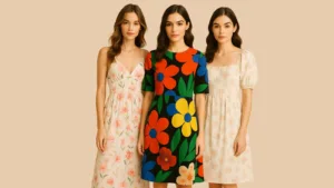 Three women standing together in spring floral dresses, each showcasing a unique style: a flowy floral maxi dress, a bold floral print dress, and a soft pastel floral dress with puff sleeves.