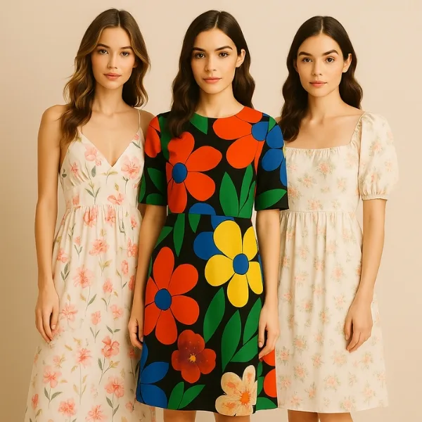 Three women standing together in spring floral dresses, each showcasing a unique style: a flowy floral maxi dress, a bold floral print dress, and a soft pastel floral dress with puff sleeves.