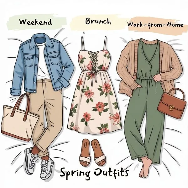 Three mindful spring fashion outfits for weekend, brunch, and work-from-home — denim look, floral dress, and lounge set, styled with sustainable flair.