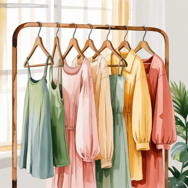 Eco-friendly spring wardrobe with pastel-colored linen and cotton dresses on a wooden rack — bright and breathable mindful fashion essentials.