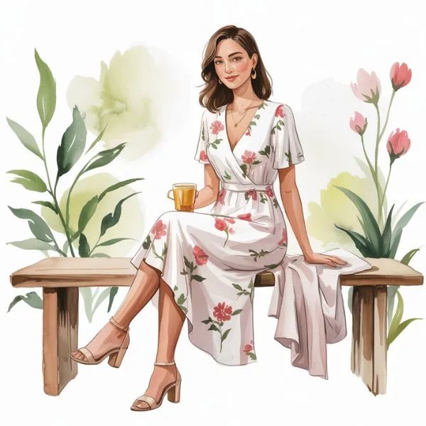Woman sitting on a bench wearing a floral Tencel midi dress, lightweight cardigan, minimalist gold jewelry, and nude block-heel sandals—styled for a mindful spring brunch.