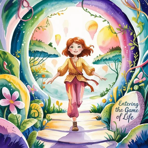 Joyful young woman entering a magical, colorful world with hot air balloons, representing the beginning of the adventure in the game of life.