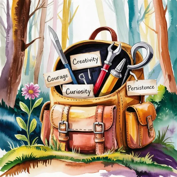Illustrated backpack filled with symbolic tools labeled creativity, courage, curiosity, and persistence, representing the skills needed for life's journey.