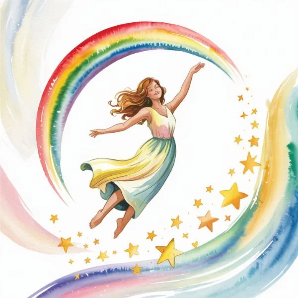 Woman flying across a rainbow and golden stars, symbolizing joy, freedom, and embracing life’s adventure with happiness and courage.