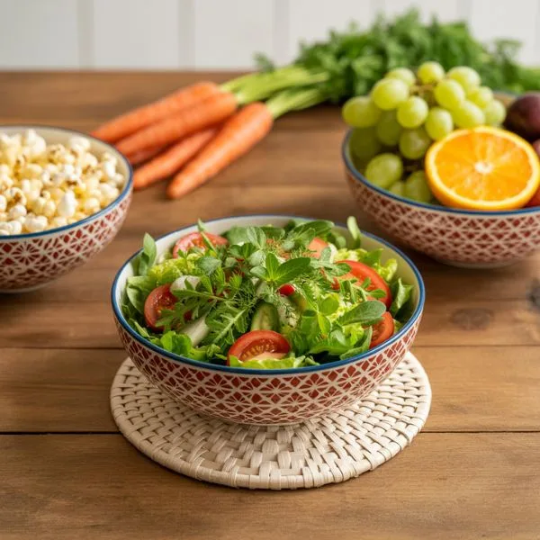 Ceramic Salad Bowls with foods displaying on a wooden table. Ideals for Summer Dinner.