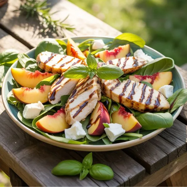 Grilled chicken served with peaches, spinach, goat cheese, and balsamic glaze — one of summer dinner recipe ideas. 