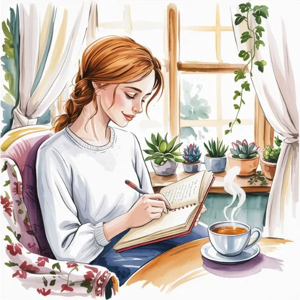 Woman journaling in a cozy chair beside a sunny window with tea and plants. A calm and peaceful moment that reflects the beauty of a journaling habit.