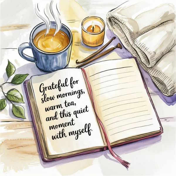 Open journal with handwritten gratitude note, a cup of tea, candle, and blanket. A cozy and mindful setup that supports building a journaling habit.