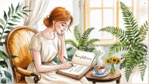 A woman journaling in a cozy chair beside a window, surrounded by green plants and a cup of tea. Open journal titled “Morning Reflections.” Calm and mindful atmosphere.