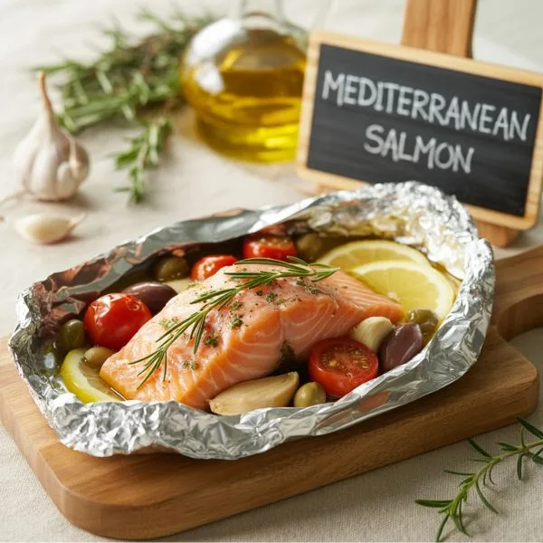 Foil-baked salmon with cherry tomatoes, lemon, and olives — summer dinner recipe idea for mindful eating.