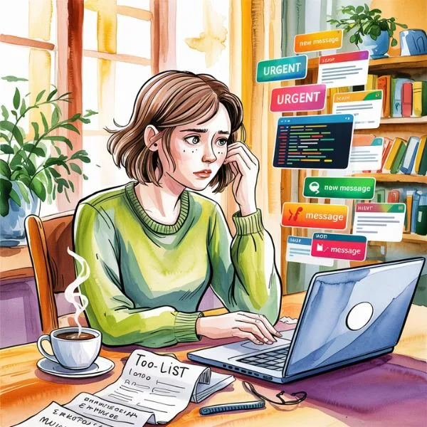 Illustration of a stressed woman surrounded by digital notifications, highlighting the modern chaos that explains why meditate practices are essential today.