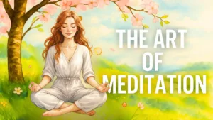 The Art of Meditation illustration: A peaceful watercolor-style illustration of a woman meditating under a blooming tree, symbolizing the art of meditation, inner stillness, and clarity