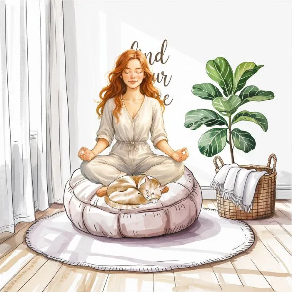 A woman practicing the art of meditation on a cushion with a sleeping cat in a peaceful, sunlit room featuring a plant and cozy decor