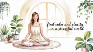 A woman meditating peacefully on a mat in front of a large window surrounded by indoor plants, with the text “Find calm and clarity in a stressful world.