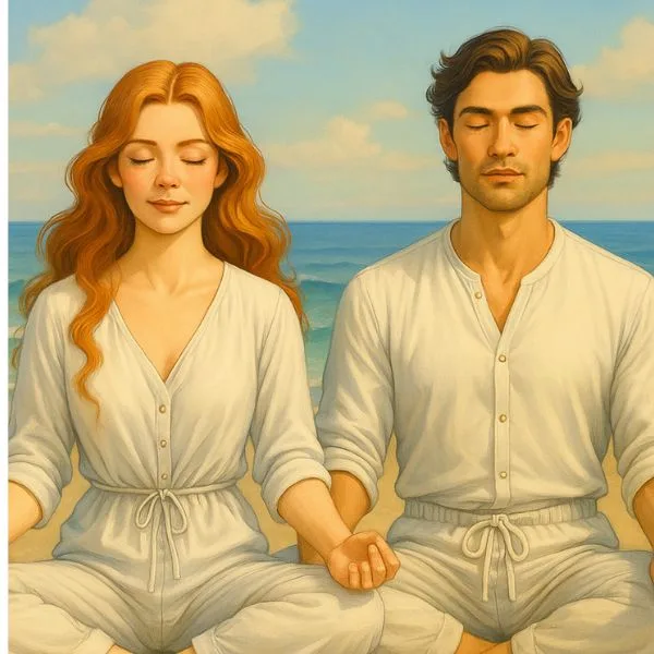 Man and woman meditating together on the beach — why successful people meditate for clarity, balance, and emotional well-being.