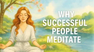 Why successful people meditate — watercolor illustration of woman meditating outdoors by a river under blooming tree with large text overlay.