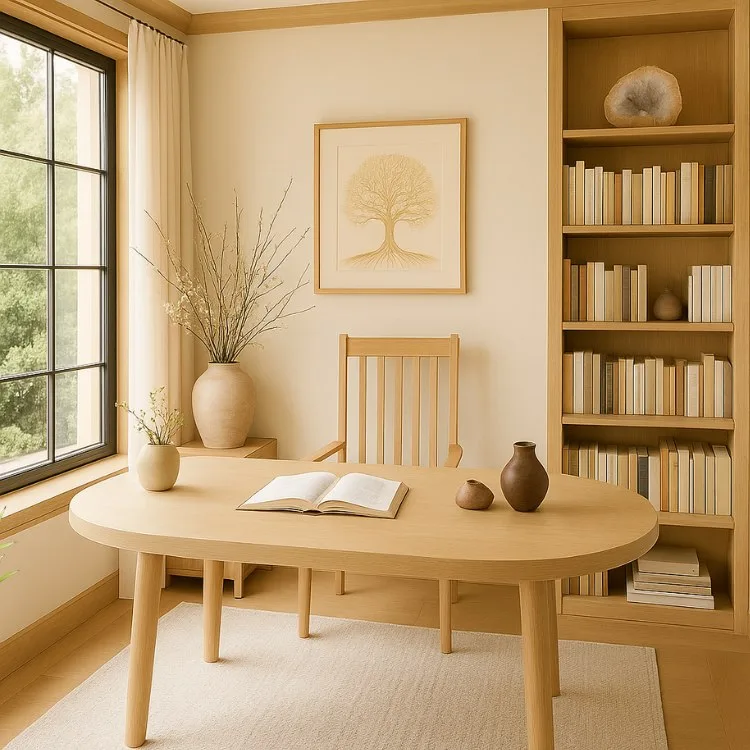 Minimalist home office with command position desk backed by wall, light wood tones and bookshelf.