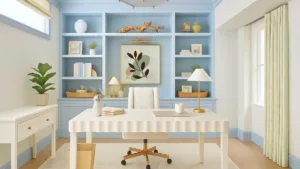 Modern home office with white desk, comfortable chair, balanced Feng Shui elements, bright natural light — Feng Shui Home Office Tips for success and career growth