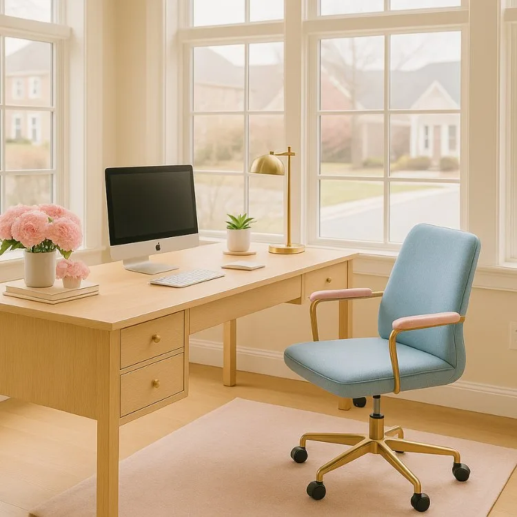 Feng Shui Home Office Tips: home office with balanced lighting, large windows for natural light, and warm desk lamp.