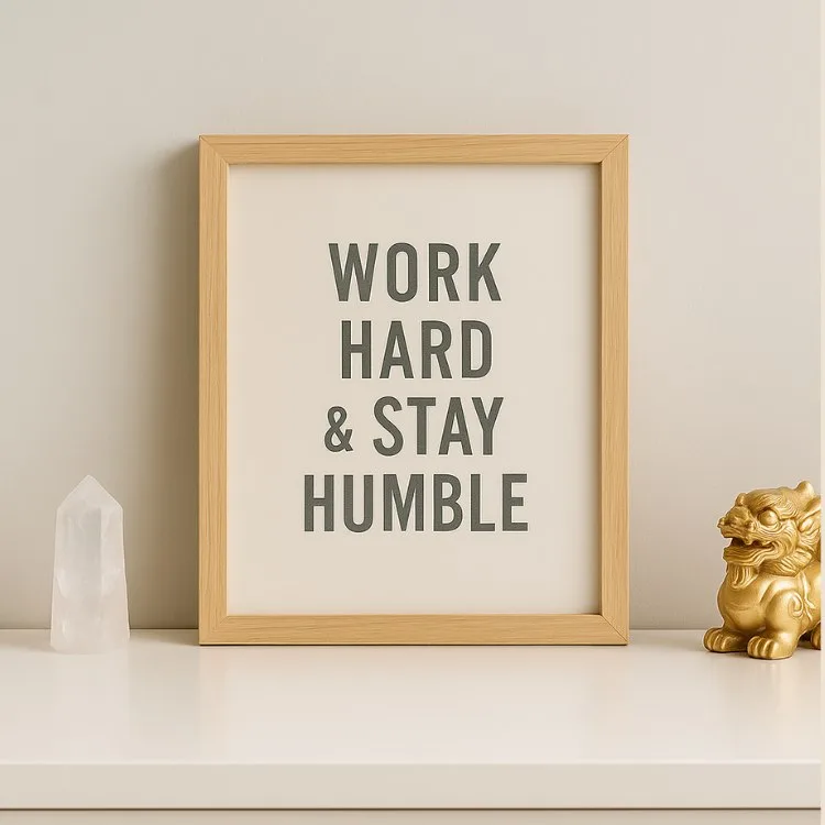 Feng Shui Home Office Tips: display of personal power symbols including quartz crystal, motivational frame, and gold Pi Yao.