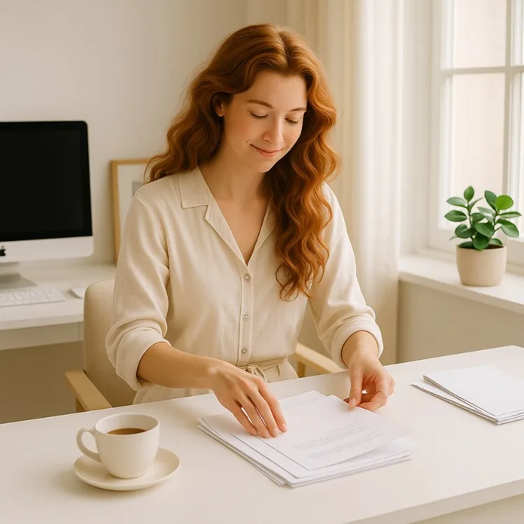 Feng Shui Home Office Tips: woman organizing papers at a clean and minimalist desk in a bright Feng Shui-inspired workspace.