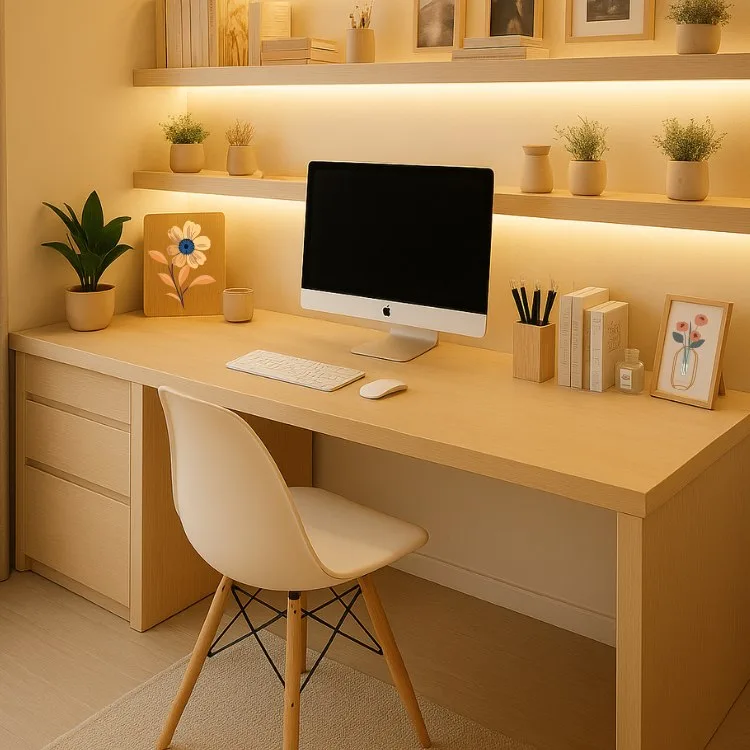 Modern home office with tidy minimalist desk, floating shelves and natural wood, warm lighting.