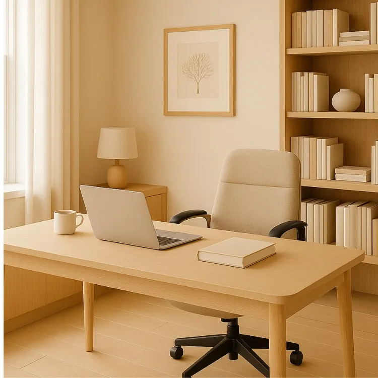 Feng Shui Home Office Tips: ergonomic office chair and light wood desk in a clutter-free, supportive work environment.