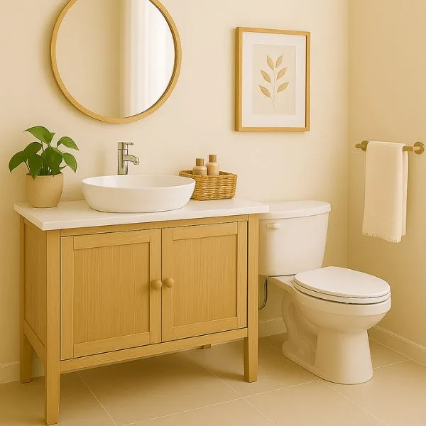 Bathroom with balanced decor and plants, demonstrating How to Apply Feng Shui at Home to Attract Wealth by preventing wealth energy from draining away.