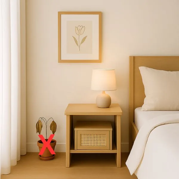 Bedroom showing an example of what to avoid—dead plant symbolizing blocked energy—part of How to Apply Feng Shui at Home to Attract Wealth tips.