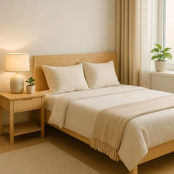 Minimalist bedroom with cozy bedding and plants, illustrating How to Apply Feng Shui at Home to Attract Wealth by promoting restful energy and harmony
