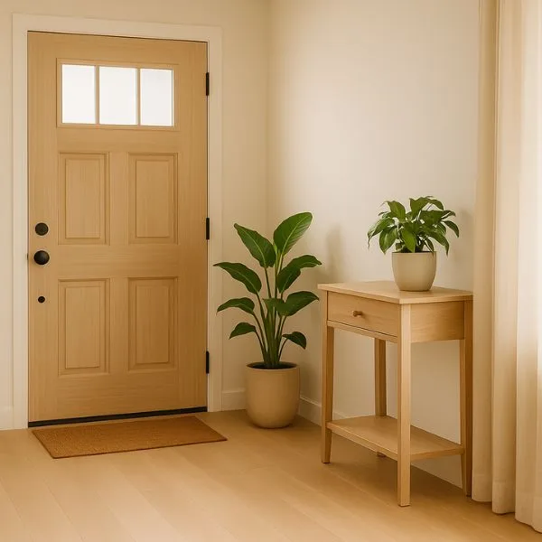 Entryway decorated with plants and wooden furniture, demonstrating How to Apply Feng Shui at Home to Attract Wealth by creating a welcoming space for good energy flow.