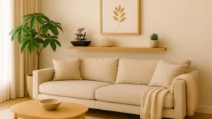 Living room styled using Feng Shui principles, featuring a money tree, flowing water fountain, and crystal display—illustrating how to apply Feng Shui at home to attract wealth