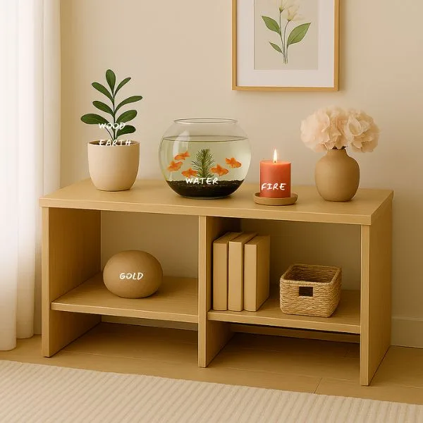 Five elements display (wood, water, fire, earth, metal) beautifully arranged, teaching How to Apply Feng Shui at Home to Attract Wealth by balancing elemental energy.