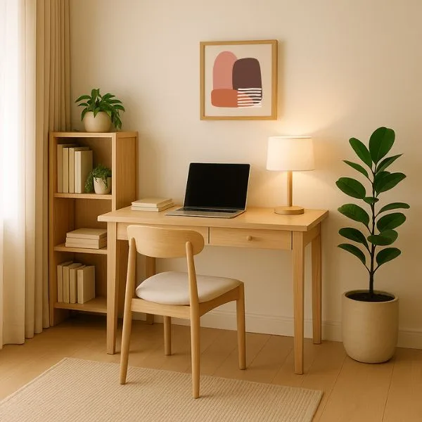 Home office corner with proper desk placement and lighting, showing How to Apply Feng Shui at Home to Attract Wealth by supporting productivity and career success.