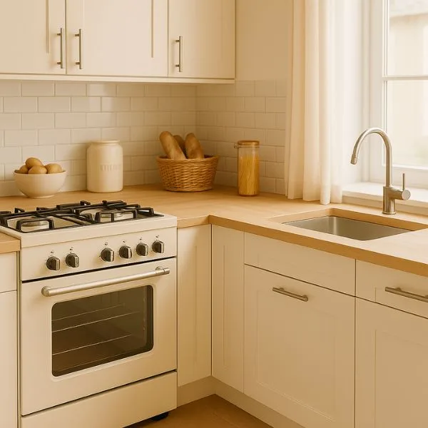 Clean and organized kitchen with natural wood and earth tones, reflecting How to Apply Feng Shui at Home to Attract Wealth by enhancing the home's “wealth pantry.