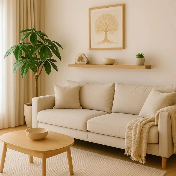 Living room with money tree and balanced decor, showcasing How to Apply Feng Shui at Home to Attract Wealth through thoughtful placement of furniture and elements.