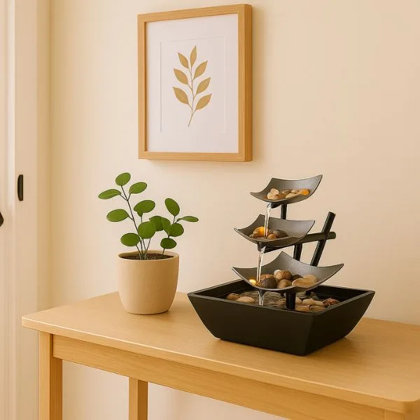 Tabletop water fountain with smooth stones, perfectly representing How to Apply Feng Shui at Home to Attract Wealth through flowing water energy.