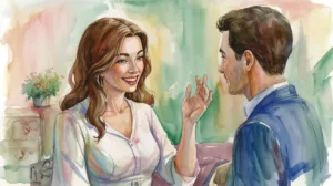 A young woman confidently communicating with a man at an outdoor cafe — How to Communicate With Confidence.