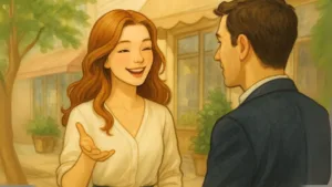 A young woman confidently communicating with a man at an outdoor cafe — How to Communicate With Confidence.