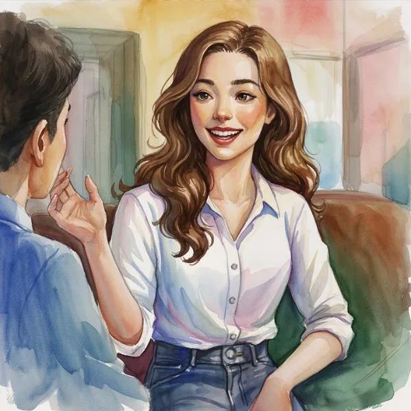 A young woman show casing " How to Communicate With Confidence in a conversation", smiling and speaking clearly with another person indoors.