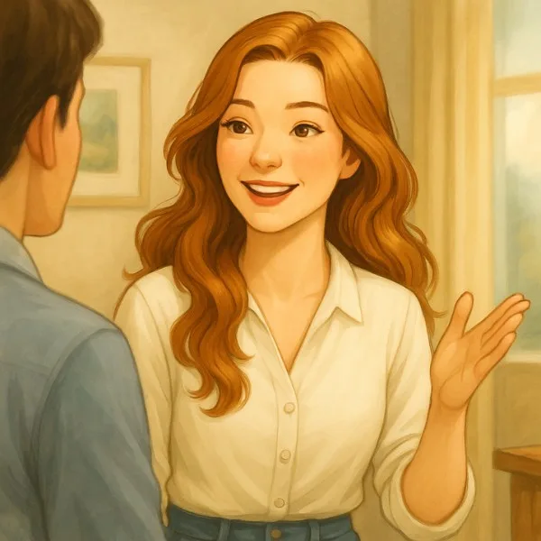 A young woman show casing " How to Communicate With Confidence in a conversation", smiling and speaking clearly with another person indoors