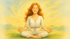 A young woman meditating with glowing energy waves around her, symbolizing how to raise your vibration to attract abundance and win the lottery