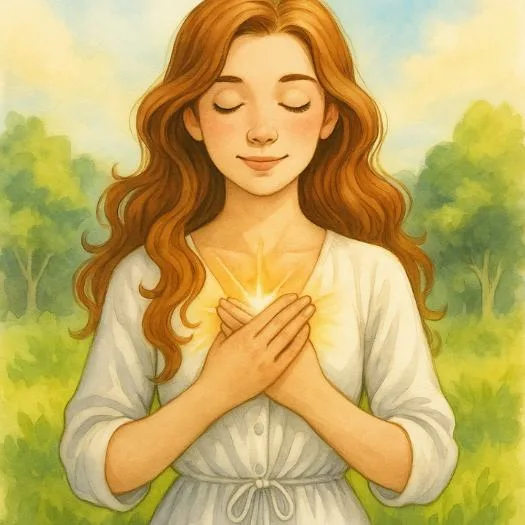 A young woman with hands over heart, eyes closed, glowing light at her chest, representing how to raise your vibration and align with wealth.