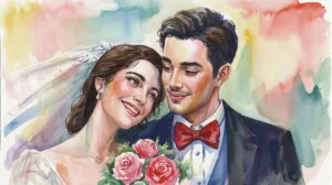 Illustration of a happy bride and groom celebrating 18 years of marriage advice together