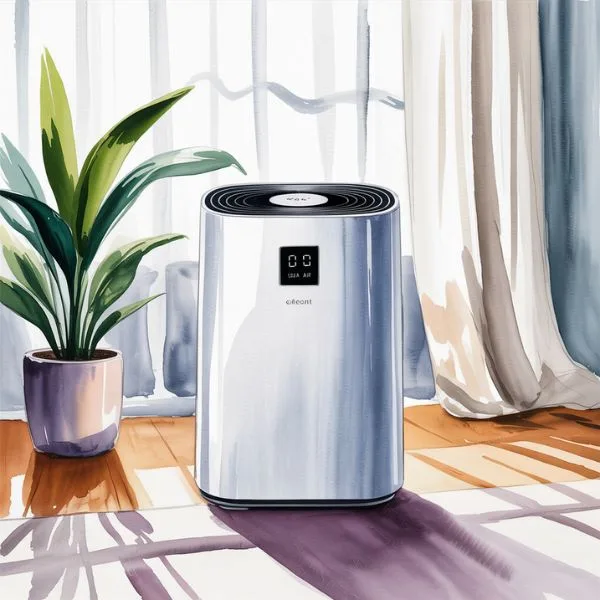 Mindful home organization — Levoit air purifier placed in a calm, organized living room to promote clean air and a peaceful home environment.