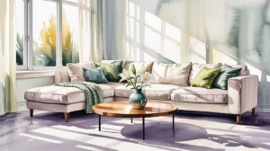 Mindful home organization — clean and calm living room with sofa, coffee table, a vase of flower on the table, robot vacuum, cozy sofa, with natural light.