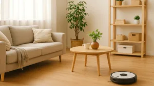 Mindful home organization — clean and calm living room with hardwood floor, robot vacuum, cozy sofa, organized shelves, and natural light.