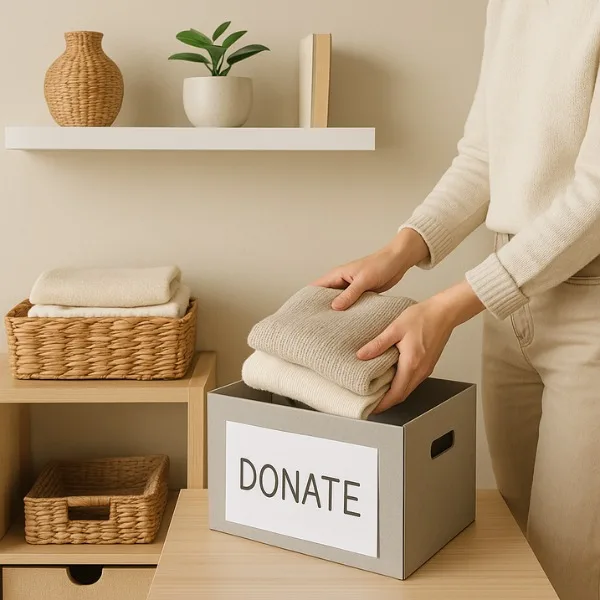 Mindful home organization — woman placing folded clothes in a donate box, organized shelves and neutral decor in a calm space.