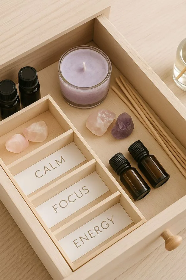 Organized aromatherapy drawer with essential oils, colorful soy candle, crystals, and labeled dividers — mindful home organization ideas for wellness at home.